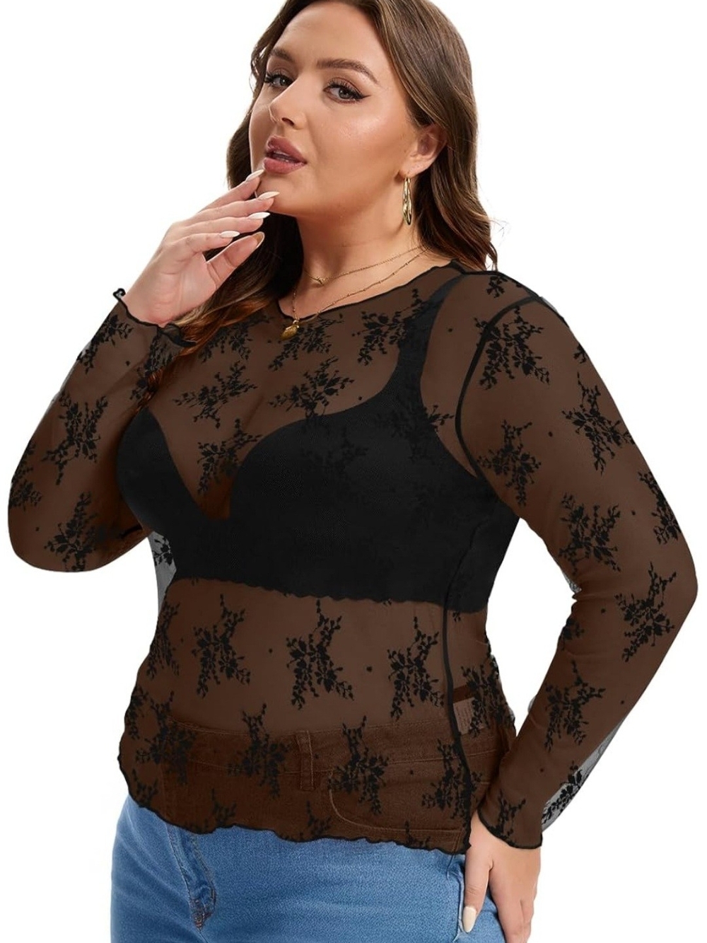 Sheer Floral Mesh Long Sleeve Top - Black